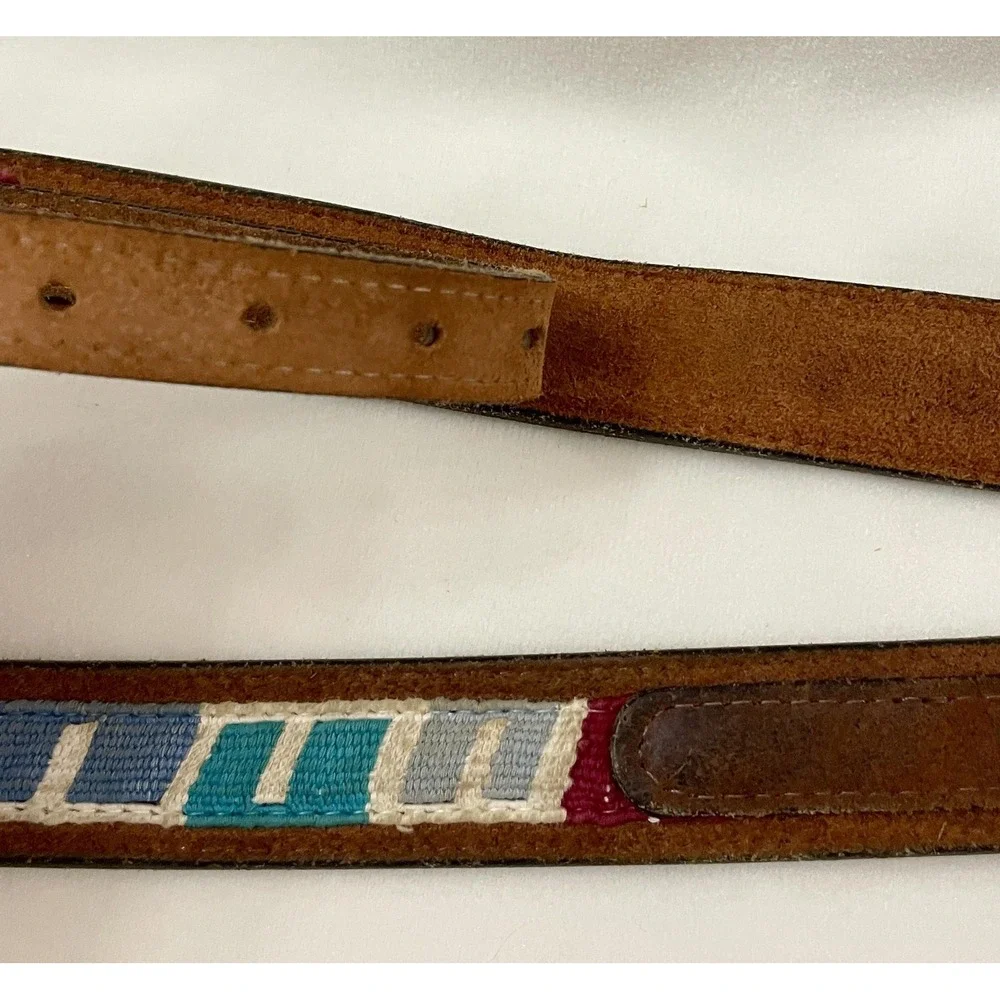 Lytone Belt Mens 32 Brown Leather Western Brass Buckle Needlepoint USA